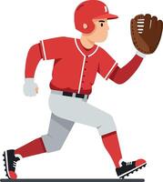 Dynamic baseball player running swiftly with a glove in flat art style, showcasing athleticism, focus, and excitement during a game setting in vibrant colors. vector