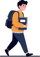 Young male student with a backpack happily walking while holding a folder in a flat illustration vector