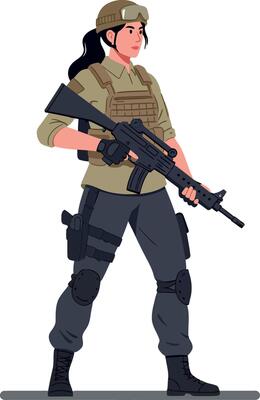 Armed female soldier in tactical gear, standing confidently with a rifle, showcasing a flat design style in vibrant colors, illustration