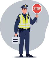 Police officer in a reflective vest holding a stop sign while standing with a portable device in a flat illustration vector