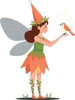 Enchanting fairy with vibrant wings gently interacting with a small bird in a whimsical, flat illustration showcasing nature and magic vector