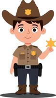 Young cartoon sheriff character in flat design holding a sheriff star with a friendly expression in art vector