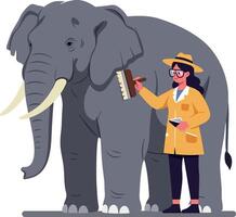 A woman in a yellow coat grooming a friendly elephant with a brush in a cheerful and colorful flat illustration vector