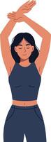 Young woman stretching her arms overhead in a relaxed pose showcasing a minimal design style illustration vector
