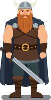 Viking warrior with a fierce expression wearing a horned helmet and holding a sword in a flat illustration vector
