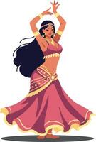 Graceful dancer in vibrant pink attire performing traditional dance, showcasing elegant movements and cultural expression in a captivating flat illustration vector