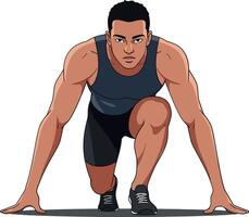 Athletic man preparing to sprint in a dynamic pose, showcasing strength and focus in a flat illustration vector