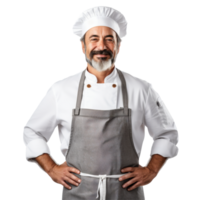 chef is wearing a white apron and a white hat. isolated on transparent background png