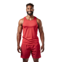man in red tank top and red shorts is smiling. isolated on transparent background png