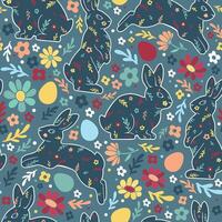 Happy Easter seamless pattern. Colorful bright modern illustration with rabbits, eggs, and flowers for fabric, wrapping paper vector