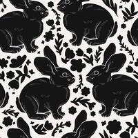 Seamless pattern of drawn rabbits and flowers. Simple black and white illustration. vector