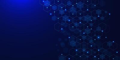 Abstract hexagons shape with glowing dots on dark blue background. Simple geometric for molecular structure and genetic engineering DNA vector