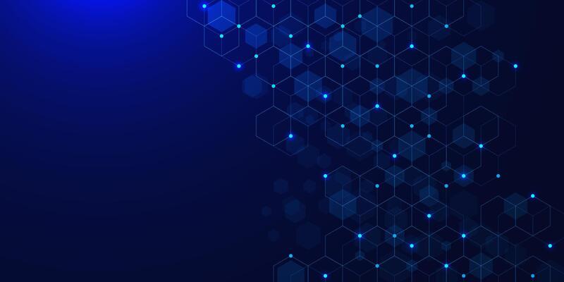 Abstract hexagons shape with glowing dots on dark blue background. Simple geometric for molecular structure and genetic engineering DNA