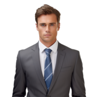 Man wearing a gray suit and a blue tie. png