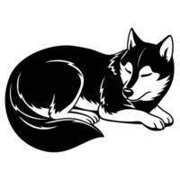 A black and white drawing of a sleeping husky vector