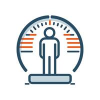 Minimal Human Figure on a Weighing Scale with a Speedometer Gauge Symbolizing Weight Awareness Icon vector