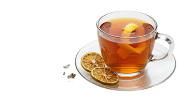 A glass of tea with lemon slices and a slice of orange png