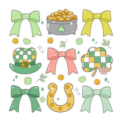 St. Patrick's Day set. Green elements for retro design. Hats, four-leaf clovers, glasses of beer, pots with gold, horseshoes and coins. Patrick's Day celebration