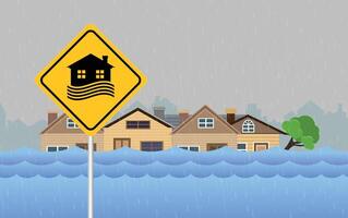 Flood area sign, Flood natural disaster with house, heavy rain and storm , damage with home, clouds and rain vector