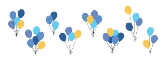 Bundle balloons with strings, simple doodle outline, floating party decoration for birthday celebration. Flat illustration isolated on white background. vector