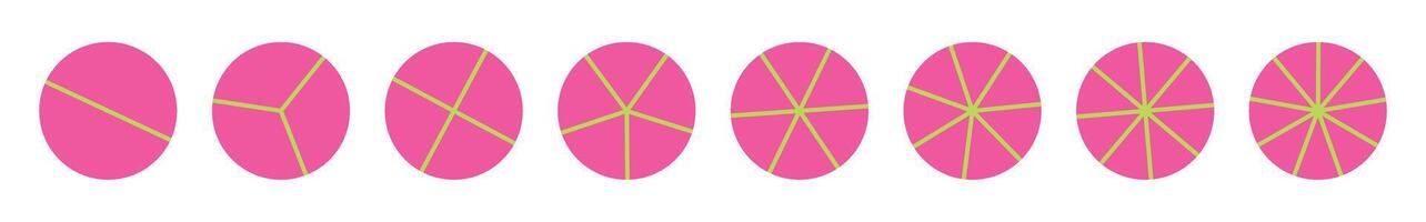 Pink Circular percentage chart with segmented sections, colorful pie graph for business statistics, divided data infographic, geometric cycle template. Flat illustration isolated on white background. vector