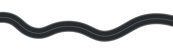 Winding road top view, curved highway path with lane markings, race track or travel route map, wavy roadway design. Flat illustration isolated on white background. vector