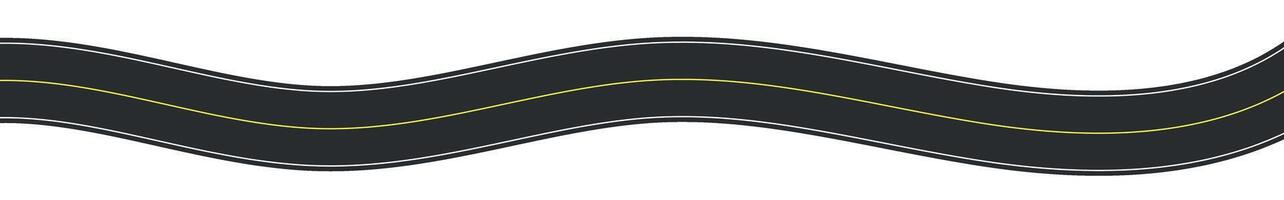 Winding road view, curved highway path with lane markings, long trip route map, wavy street track design. Flat illustration isolated on white background. vector