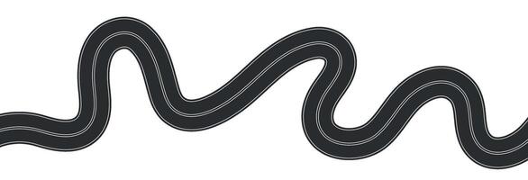 Aerial top view of curved road, highway path with lane markings, race track or street map element, asphalt texture in cartoon style. Flat illustration isolated on white background. vector