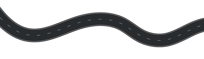 road view, curved highway path with lane markings, long trip route map, wavy street track design. Flat illustration isolated on white background. vector