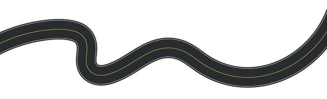 Winding road top view, highway path with lane markings, long trip route map, wavy street track design. Flat illustration isolated on white background. vector
