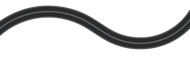 top view of winding road, curved highway path with lane markings, race track or street map element, asphalt texture in cartoon style. Flat illustration isolated on white background. vector