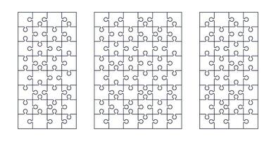 Jigsaw puzzle pieces set, round and square shapes with three-part connection, blank infographic icon for charts. Flat illustration isolated on white background. vector