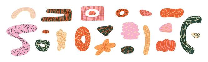 Abstract paper cutout shapes, organic geometric figures inspired, colorful summer texture, creative kid friendly design. Flat illustration isolated on white background. vector