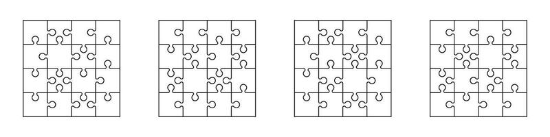 Jigsaw puzzle template with missing pieces, geometric grid pattern, seamless square and rectangle outline design, blank game frame. Flat illustration isolated on white background. vector