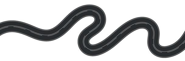 Aerial view of winding road, curved highway path with lane markings, race track or street map element, asphalt texture in cartoon style. Flat illustration isolated on white background. vector