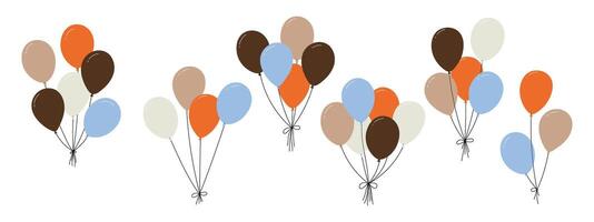 Bundle of colorful balloons with strings, floating party decoration in simple doodle style, birthday celebration icon. Flat illustration isolated on white background. vector