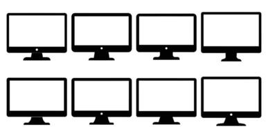Collection of eight black computer monitor icons on white background computer screen display digital technology device pc desktop monitor image illustration vector