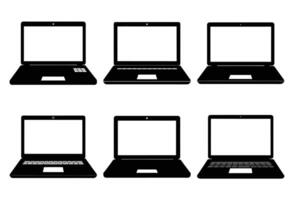 Collection of Six Black Silhouettes of Laptops Showing Different Angles and Perspectives vector