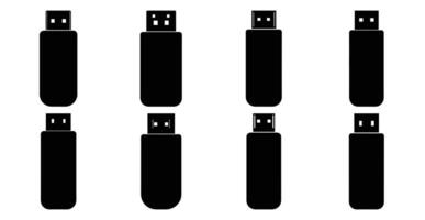 Collection of Eight Black Silhouettes of USB Flash Drives of Various Sizes and Designs vector