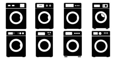 Collection of eight diverse washing machine icons various designs and features vector