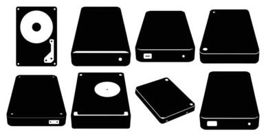 Collection of Various Hard Disk Drive and Solid State Drive Icons in Black and White vector