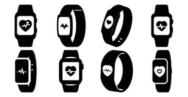 Collection of Smartwatch Icons Displaying Heart Rate and Fitness Tracking Features vector