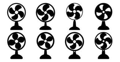 Collection of eight different black and white desk fan icons with various blade designs vector
