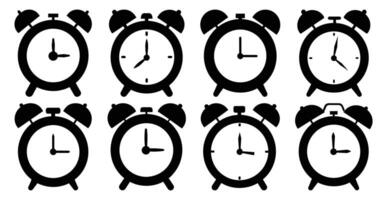 Collection of Eight Black Alarm Clocks Showing Different Times vector