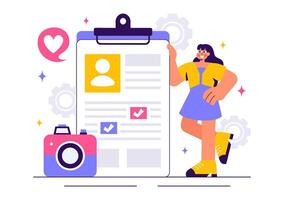 Modeling Portfolio Creation with Photographer and Manager in a Flat Cartoon Background vector