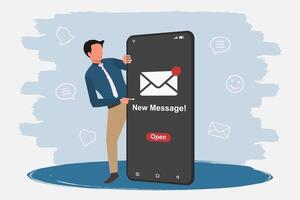 Businessman pointing to a smartphone screen that has a new message notification. vector