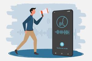 Man uses a megaphone to give voice command or a voice assistant on his smartphone. vector