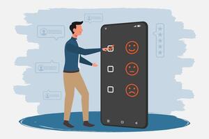 Man gives rating to service experience on a mobile phone. Customer review satisfaction feedback concept. vector