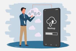 Man holding a cloud storage to back up data on his smartphone. Phone data backup and cloud data storage concept. illustration. vector