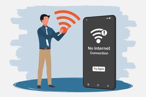 A smartphone with no internet connection on screen. Man holding a wifi symbol. No internet access or bad connection concept vector